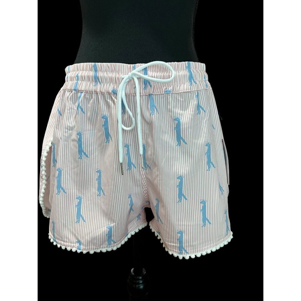 SOUTHERN SAINT POM POM TRIM SHORTS Womens XXL Pink & White Striped Blue Dinosaur